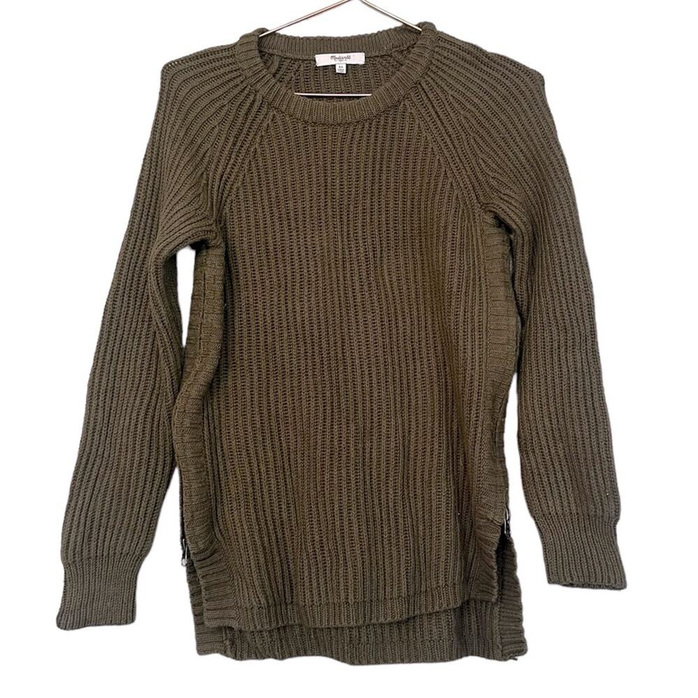 Madewell Ribbed Army Green Crewneck Zipper Hem Sweater